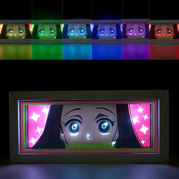 Custom Demon Slayer anime light box with 3D paper carving and RGB LED lights featuring Tanjiro and Nezuko. Perfect for anime gifts, Christmas decorations, and decor for fans and collectors. Remote-controlled colors create a vibrant, action-packed ambiance for bedrooms, desks, or anime-themed spaces. This handmade piece is an ideal gift for holidays or birthdays, designed for lovers of intense battles and stunning anime decor. A must-have for Demon Slayer fans looking to enhance their collection.