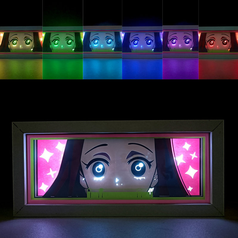 Custom Demon Slayer anime light box with 3D paper carving and RGB LED lights featuring Tanjiro and Nezuko. Perfect for anime gifts, Christmas decorations, and decor for fans and collectors. Remote-controlled colors create a vibrant, action-packed ambiance for bedrooms, desks, or anime-themed spaces. This handmade piece is an ideal gift for holidays or birthdays, designed for lovers of intense battles and stunning anime decor. A must-have for Demon Slayer fans looking to enhance their collection.