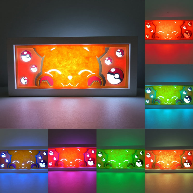 Custom Pokémon light box with 3D paper carving and RGB LED lights featuring Pikachu. Perfect for anime gifts, Christmas decor, and Pokémon fans. Remote-controlled colors create a bright, cheerful ambiance for any space. Ideal for holidays, birthdays, or special occasions, celebrating Pikachu’s electrifying charm, iconic status, and adventures with Ash. A must-have for Pokémon lovers looking to add the beloved electric-type to their collection.