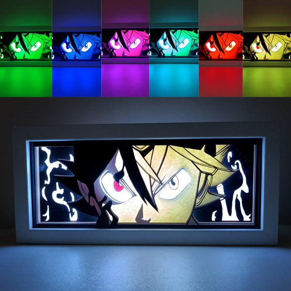 Custom Black Clover anime light box with 3D paper carving and RGB LED lights featuring Asta and Yuno. Perfect for anime gifts, Christmas decorations, and decor for fans and collectors. Remote-controlled colors bring the world of Black Clover to life, creating a vibrant, action-packed ambiance for bedrooms, desks, or anime-themed spaces. This handmade piece is the ideal gift for holidays or birthdays, designed for fans who love epic magic battles and stunning anime decor. A must-have for Black Clover fan