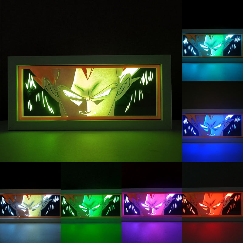 Custom Dragon Ball Z anime light box with 3D paper carving and RGB LED lights featuring Vegeta in his iconic Saiyan Prince form. Perfect for anime gifts, Christmas decorations, and decor for Vegeta fans. Remote-controlled colors create a fierce, battle-ready ambiance for bedrooms or anime-themed spaces. This handmade piece is an ideal gift for holidays or birthdays, highlighting Vegeta’s Final Flash and Saiyan pride. A must-have for Dragon Ball Z fans to showcase their love for the Prince of Saiyans