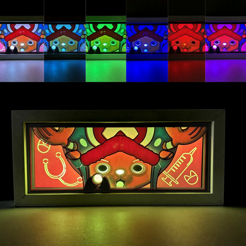 Custom One Piece light box with 3D paper carving and RGB LED lights featuring Tony Tony Chopper. Perfect for anime gifts, Christmas decor, and Chopper fans. Remote-controlled colors create a cute, heartwarming ambiance for any space. Ideal for holidays, birthdays, or special occasions, celebrating Chopper’s adorable charm, medical skills, and his journey with the Straw Hat Pirates. A must-have for One Piece fans.