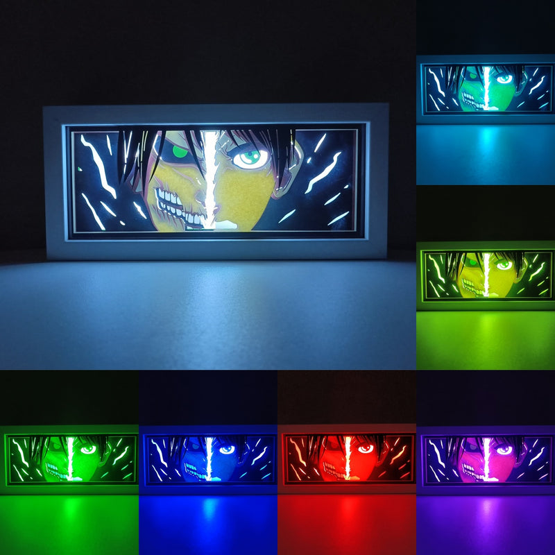 Attack on Titan anime light box with 3D paper carving and LED RGB lighting. Featuring Eren Yeager and the Colossal Titan, this custom handmade light box offers remote-controlled color options like blue, red, and white, perfect for bedroom or desk decor. Ideal for fans of the Survey Corps and humanity’s fight for survival, this light box brings the apocalyptic world of Attack on Titan to life