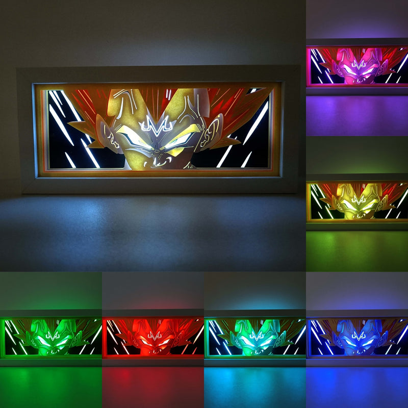 Custom Dragon Ball Z light box with 3D paper carving and RGB LED lights featuring Vegeta in his Majin form. Perfect for anime gifts, Christmas decor, and Vegeta fans. Remote-controlled colors create a fierce, intense ambiance for any space. Ideal gift for holidays or birthdays, celebrating Majin Vegeta's power and epic battles. A must-have for Dragon Ball Z fans.