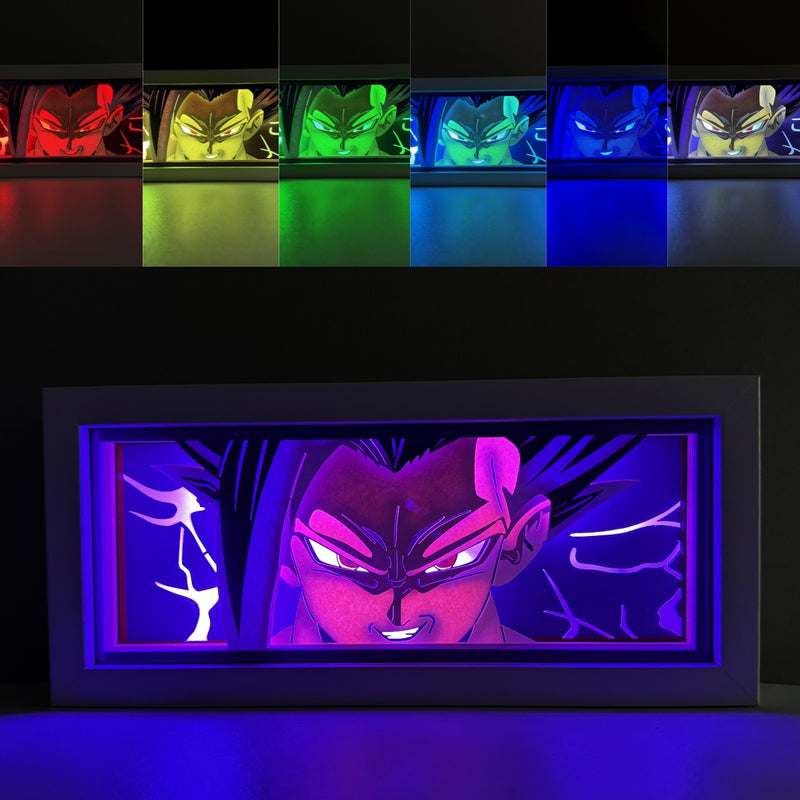 Custom Dragon Ball Z light box with 3D paper carving and RGB LED lights featuring Goku in his iconic Super Saiyan form. Perfect for anime gifts, Christmas decor, and Goku fans. Remote-controlled colors create a powerful, dynamic ambiance for any space. Ideal gift for holidays or birthdays, celebrating Goku’s epic battles and transformations. A must-have for Dragon Ball Z fans.
