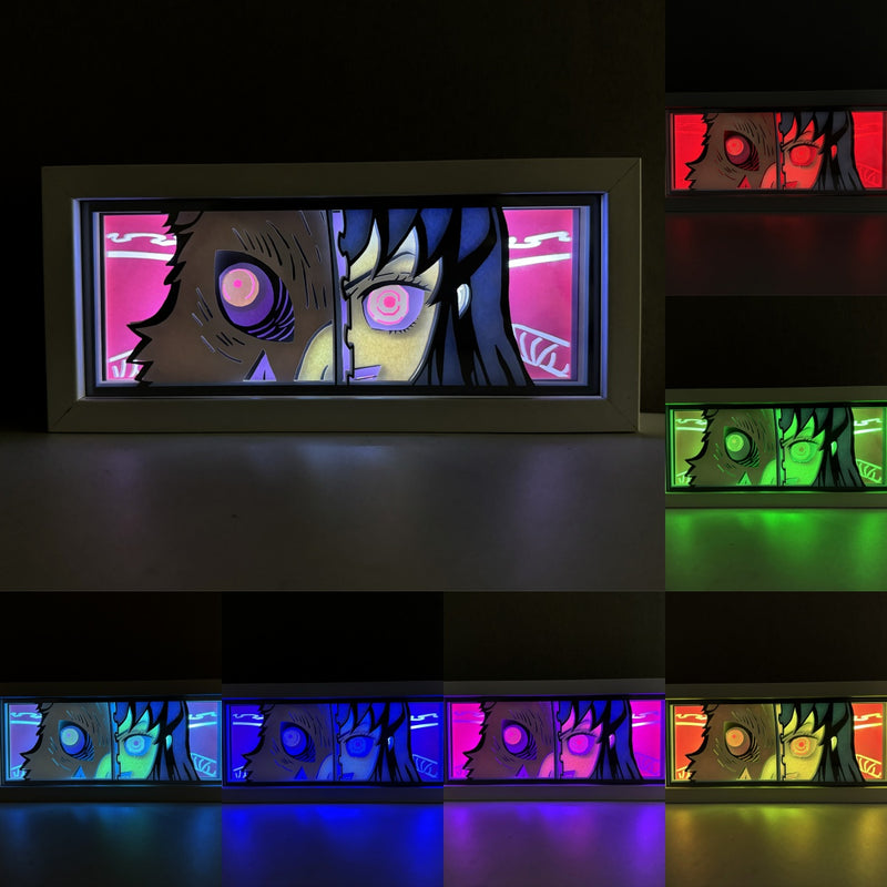 Custom Demon Slayer anime light box with 3D paper carving and RGB LED lights featuring Tanjiro and Nezuko. Perfect for anime gifts, Christmas decorations, and decor for fans and collectors. Remote-controlled colors create a vibrant, action-packed ambiance for bedrooms, desks, or anime-themed spaces. This handmade piece is an ideal gift for holidays or birthdays, designed for lovers of intense battles and stunning anime decor. A must-have for Demon Slayer fans looking to enhance their collection.