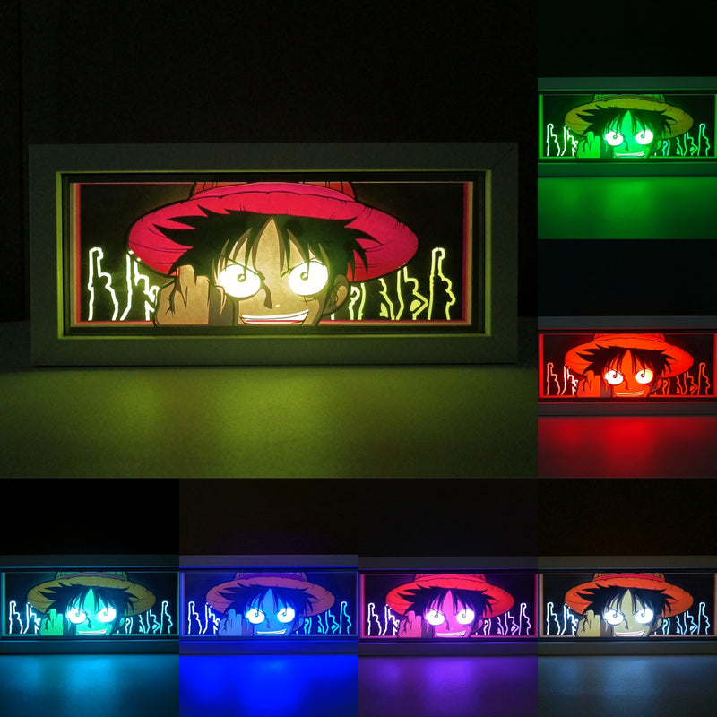 Custom One Piece light box with 3D paper carving and RGB LED lights featuring Monkey D. Luffy. Perfect for anime gifts, Christmas decor, and Luffy fans. Remote-controlled colors create a vibrant, adventurous ambiance for any space. Ideal for holidays, birthdays, or special occasions, celebrating Luffy’s boundless spirit, epic battles, and quest to become the Pirate King. A must-have for One Piece fans.