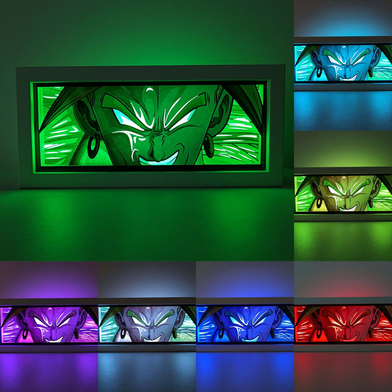 Custom Dragon Ball Super: Broly light box with 3D paper carving and RGB LED lights featuring Broly in his legendary Super Saiyan form. Perfect for anime gifts, Christmas decor, and Broly fans. Remote-controlled colors create a powerful, dynamic ambiance for any space. Ideal gift for holidays or birthdays, celebrating Broly's immense power and epic battles. A must-have for Dragon Ball Super fans.