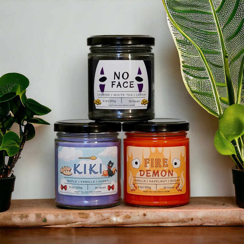 Handcrafted soy wax candle inspired by Kiki's Delivery Service from Studio Ghibli, featuring premium fragrances that capture the whimsical charm of the film. Made with 100% natural vegan wax and a lead-free Eco-wick, this eco-friendly candle brings to life the essence of beloved characters like Kiki, her loyal cat Jiji, and her friend Lily. Perfect for anime enthusiasts and collectors, it fills your space with a nostalgic and heartwarming scent reminiscent of the magic and adventure of Studio Ghibli.