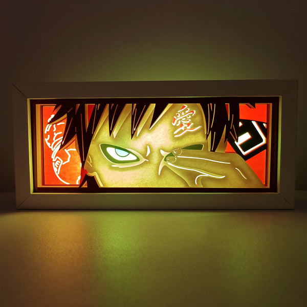 Custom Naruto light box with 3D paper carving and RGB LED lights featuring Gaara of the Sand. Perfect for anime gifts, Christmas decor, and Gaara fans. Remote-controlled colors create a serene yet powerful ambiance for any space. Ideal for holidays, birthdays, or special occasions, celebrating Gaara’s mastery of sand manipulation, his transformation from a feared Jinchuriki to Kazekage, and his deep character development. A must-have for Naruto fans looking to honor the strength and redemption of the Sand V