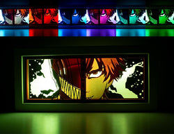 hainsaw Man anime light box with 3D paper carving and LED RGB lights, featuring Denji and Pochita. This custom handmade light box brings the intense action of Chainsaw Man to life with remote-controlled colors. Perfect for adding a gritty, rebellious touch to your bedroom, desk, or anime-themed decor