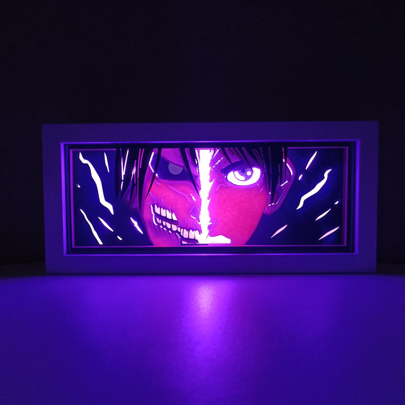 Attack on Titan anime light box with 3D paper carving and LED RGB lighting. Featuring Eren Yeager and the Colossal Titan, this custom handmade light box offers remote-controlled color options like blue, red, and white, perfect for bedroom or desk decor. Ideal for fans of the Survey Corps and humanity’s fight for survival, this light box brings the apocalyptic world of Attack on Titan to life