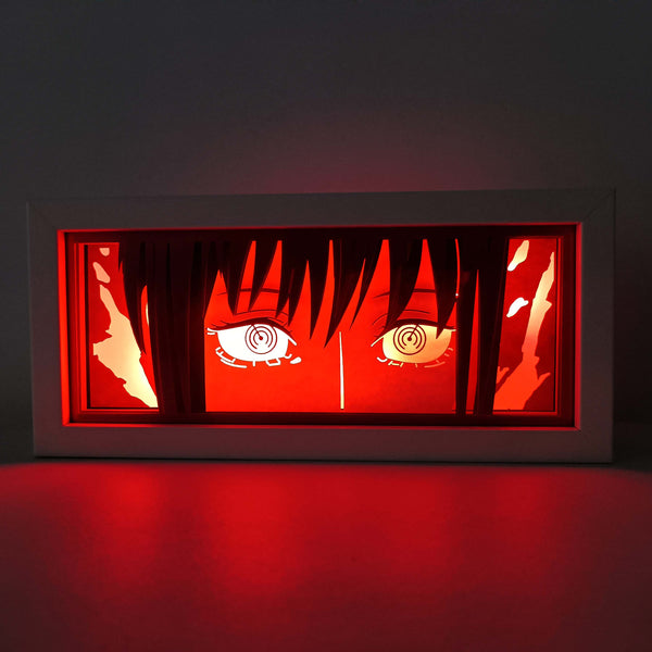 hainsaw Man anime light box with 3D paper carving and LED RGB lights, featuring Denji and Pochita. This custom handmade light box brings the intense action of Chainsaw Man to life with remote-controlled colors. Perfect for adding a gritty, rebellious touch to your bedroom, desk, or anime-themed decor