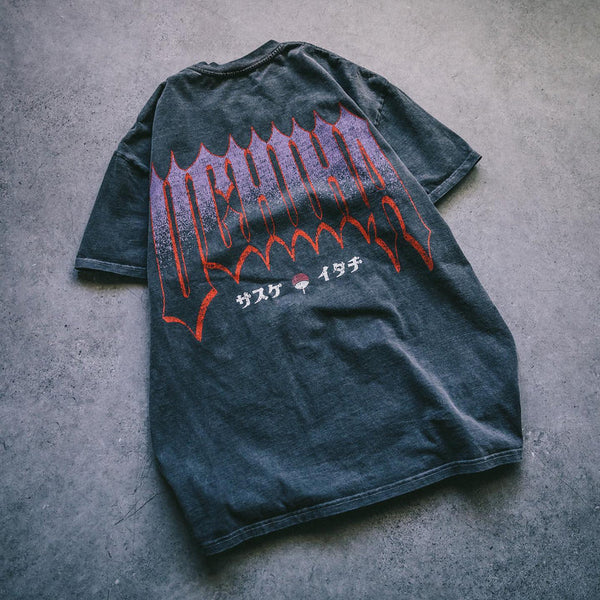 Naruto Sasuke Uchiha Dynasty double sided graphic t-shirt, Naruto Shippuden anime shirt, front and back print oversized tee, vintage washed Japanese manga top, Y2K Harajuku streetwear fashion, Naruto vs Sasuke double print anime t-shirt, otaku clothing gift, Comic Con cosplay outfit, Naruto Shippuden manga merch, Japanese anime convention shirt