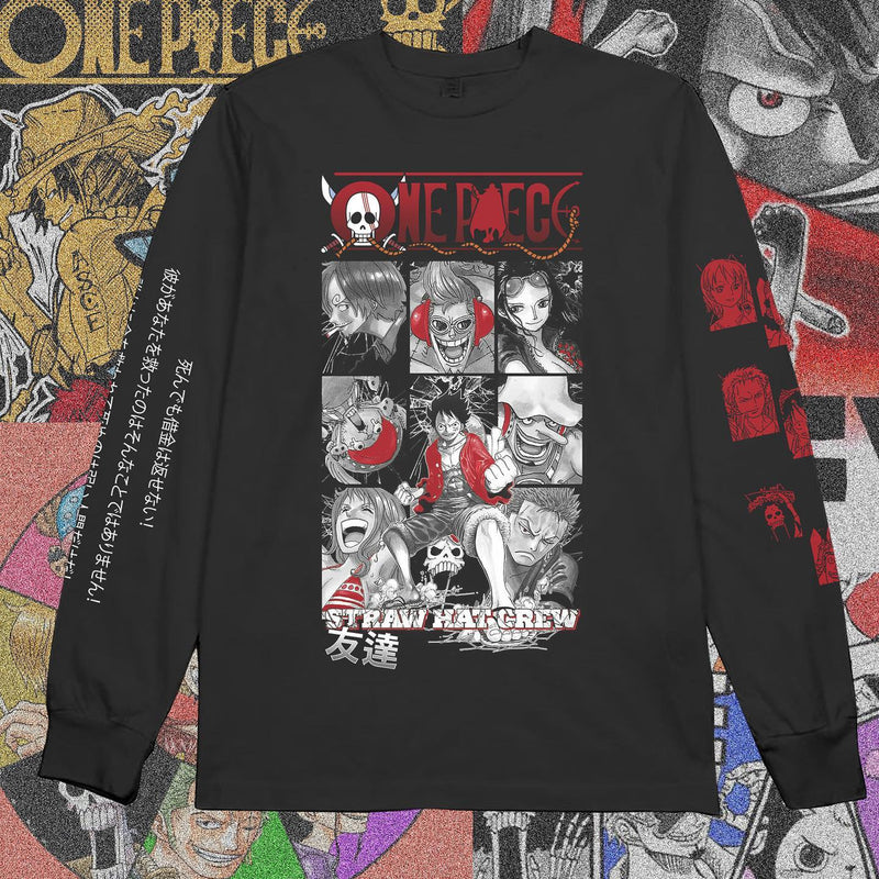 One Piece long sleeve crew neck shirt anime apparel Luffy Zoro Nami inspired clothing high-quality anime wear stylish and comfortable cosplay outfit durable long sleeve crew neck soft fabric collectible anime merchandise perfect gift for One Piece fans manga-inspired clothing everyday anime outfit One Piece apparel iconic anime fashion adventurous anime shirt