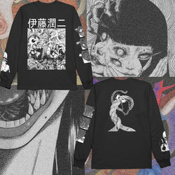 Junji Ito Uzumaki hoodie long sleeve crew neck sweater horror manga apparel premium anime clothing spiral design inspired by Junji Ito high-quality anime sweatshirt stylish and comfortable cosplay wear unique horror anime fashion durable hoodie soft fabric collectible anime merchandise perfect gift for horror manga fans manga-inspired hoodie creepy anime clothing everyday anime outfit Uzumaki apparel