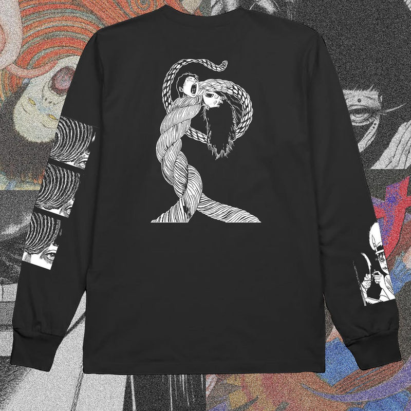 Junji Ito Uzumaki hoodie long sleeve crew neck sweater horror manga apparel premium anime clothing spiral design inspired by Junji Ito high-quality anime sweatshirt stylish and comfortable cosplay wear unique horror anime fashion durable hoodie soft fabric collectible anime merchandise perfect gift for horror manga fans manga-inspired hoodie creepy anime clothing everyday anime outfit Uzumaki apparel