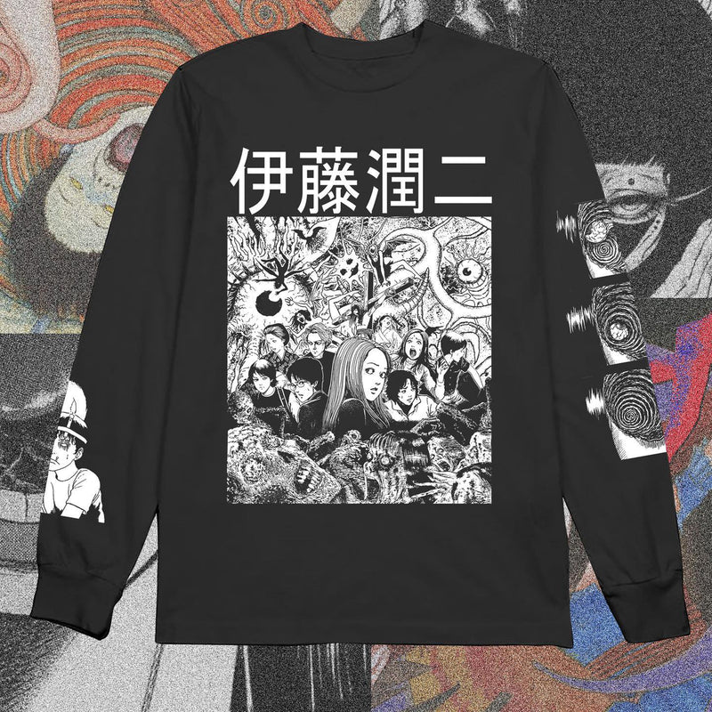 Junji Ito Uzumaki hoodie long sleeve crew neck sweater horror manga apparel premium anime clothing spiral design inspired by Junji Ito high-quality anime sweatshirt stylish and comfortable cosplay wear unique horror anime fashion durable hoodie soft fabric collectible anime merchandise perfect gift for horror manga fans manga-inspired hoodie creepy anime clothing everyday anime outfit Uzumaki apparel