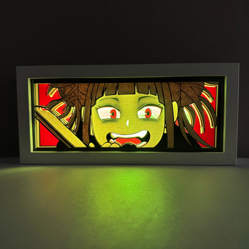 Custom My Hero Academia light box with 3D paper carving and RGB LED lights featuring Himiko Toga. Perfect for anime gifts, Christmas decor, and Toga fans. Remote-controlled colors create a dark, mischievous ambiance for any space. Ideal for holidays, birthdays, or special occasions, celebrating Toga’s chaotic personality and dangerous Quirk. A must-have for My Hero Academia fans who love villains and want to add a touch of sinister charm to their collection.