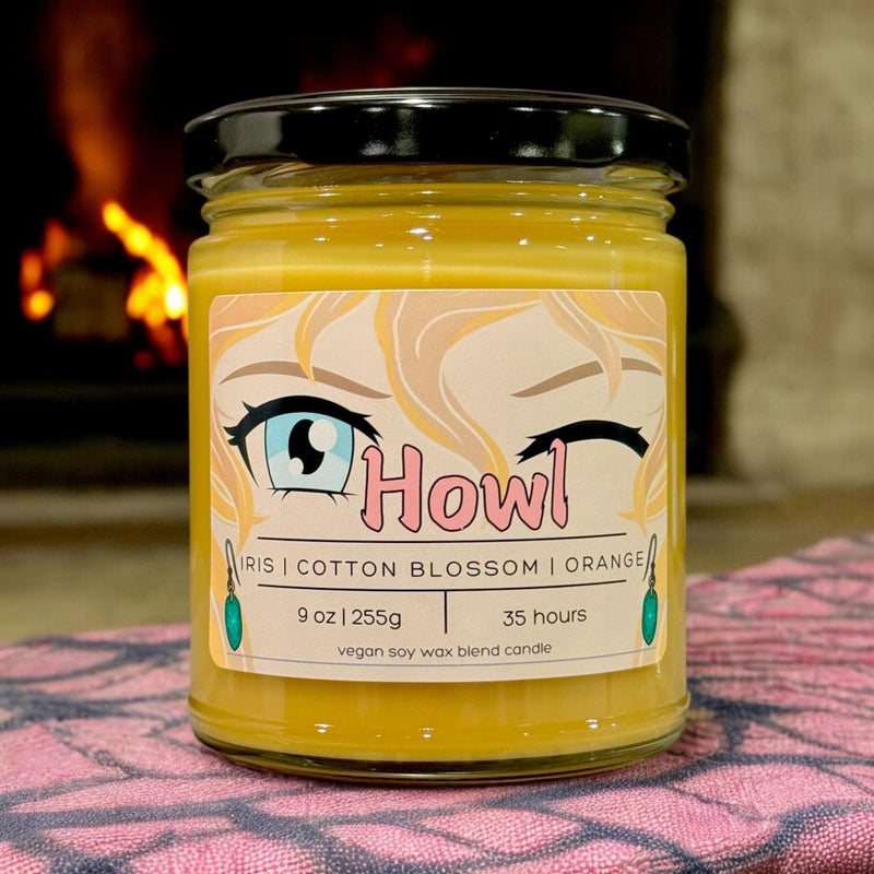 Handcrafted soy wax candle inspired by Howl's Moving Castle from Studio Ghibli, featuring premium fragrances of iris, cotton blossom, and orange. Made with 100% natural vegan wax and a lead-free Eco-wick, this eco-friendly candle embodies the magic and charm of the iconic film. Perfect for anime enthusiasts and collectors, it captures the essence of beloved characters like Howl, Sophie, Calcifer, and the Witch of the Waste, bringing the enchanting world of Studio Ghibli into your space with nostalgia.