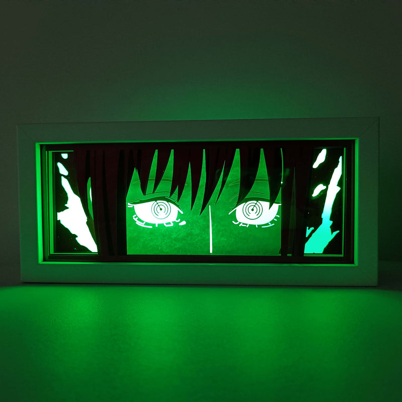 hainsaw Man anime light box with 3D paper carving and LED RGB lights, featuring Denji and Pochita. This custom handmade light box brings the intense action of Chainsaw Man to life with remote-controlled colors. Perfect for adding a gritty, rebellious touch to your bedroom, desk, or anime-themed decor