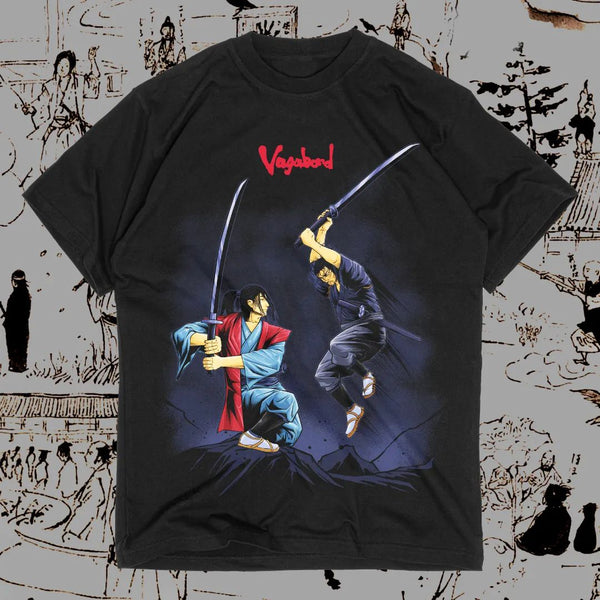 Vagabond The Battle of Ganryujima T-shirt Miyamoto Musashi vs Sasaki Kojiro anime apparel samurai manga clothing premium Vagabond shirt high-quality anime tee stylish and comfortable cosplay wear durable T-shirt soft fabric collectible manga merchandise perfect gift for samurai manga fans Takehiko Inoue inspired clothing historical anime shirt everyday anime outfit Vagabond apparel epic samurai battle shirt