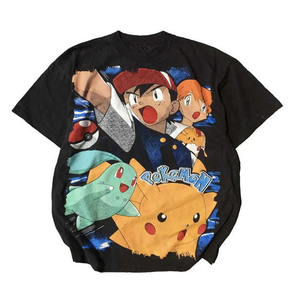 Pokemon T-shirt featuring main characters from the 90s first season anime Ash Ketchum Pikachu Misty Brock Team Rocket nostalgic anime apparel high-quality anime tee stylish and comfortable cosplay wear durable T-shirt soft fabric collectible anime merchandise perfect gift for Pokemon fans classic anime clothing everyday anime outfit first-generation Pokemon apparel retro anime fashion"