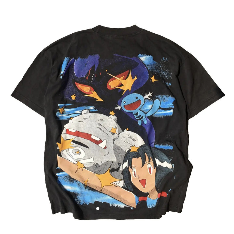 Pokemon T-shirt featuring main characters from the 90s first season anime Ash Ketchum Pikachu Misty Brock Team Rocket nostalgic anime apparel high-quality anime tee stylish and comfortable cosplay wear durable T-shirt soft fabric collectible anime merchandise perfect gift for Pokemon fans classic anime clothing everyday anime outfit first-generation Pokemon apparel retro anime fashion"