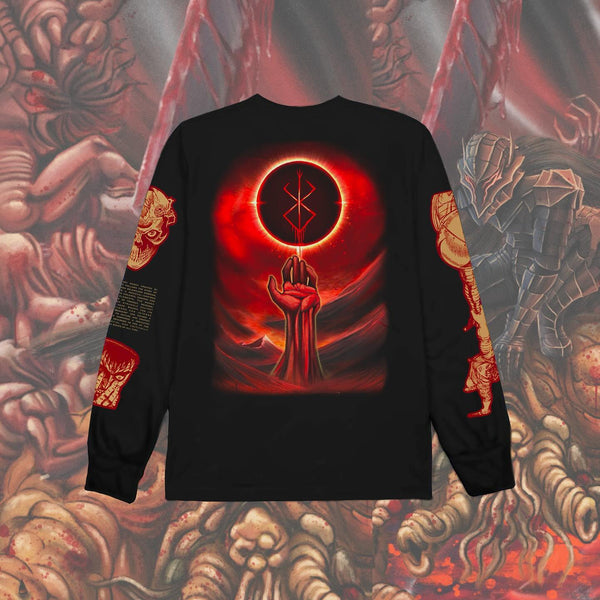 Berserk long sleeve crew neck shirt anime apparel Guts inspired clothing dark fantasy anime design high-quality anime wear stylish and comfortable cosplay outfit durable long sleeve crew neck soft fabric collectible anime merchandise perfect gift for anime and manga fans Kentaro Miura inspired clothing everyday anime outfit Berserk apparel iconic dark anime fashion epic manga shirt