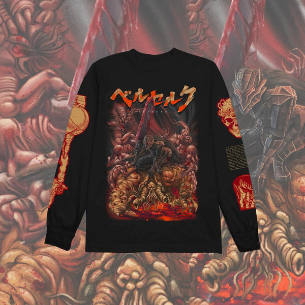 Berserk long sleeve crew neck shirt anime apparel Guts inspired clothing dark fantasy anime design high-quality anime wear stylish and comfortable cosplay outfit durable long sleeve crew neck soft fabric collectible anime merchandise perfect gift for anime and manga fans Kentaro Miura inspired clothing everyday anime outfit Berserk apparel iconic dark anime fashion epic manga shirt