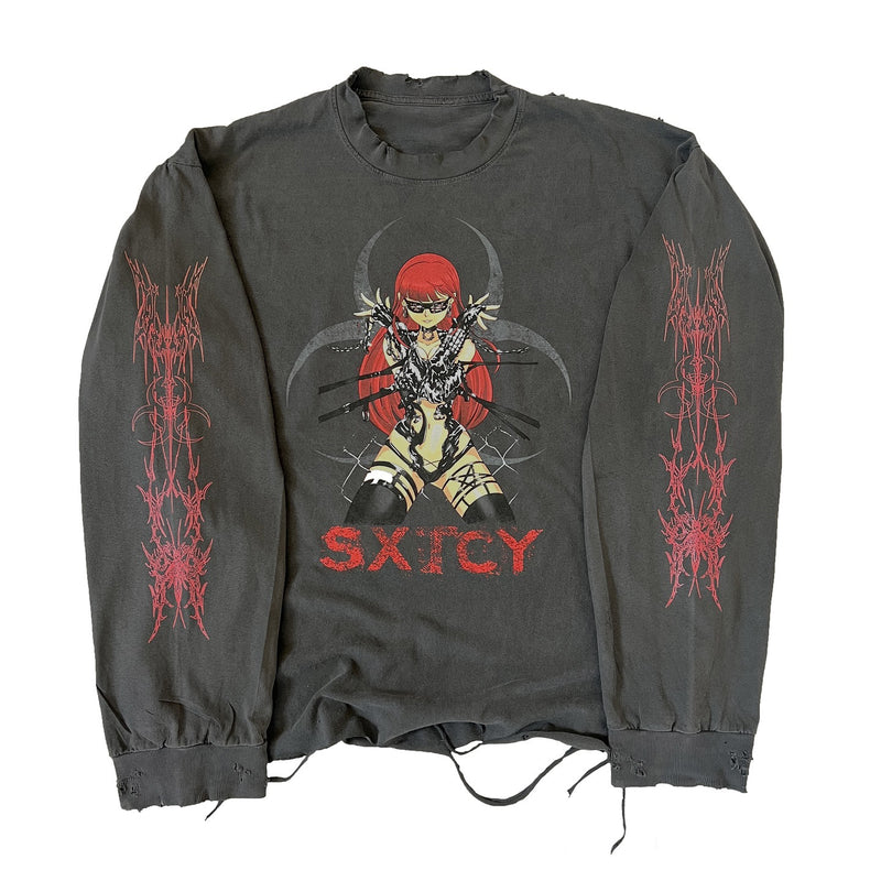 Destroyed SXTCY Armitage Long Sleeve – Hand-distressed heavyweight cotton long sleeve inspired by Armitage III and cyberpunk aesthetics. Premium anime streetwear featuring raw design, destroyed hem, and high-quality craftsmanship. Perfect for dark fantasy and dystopian fashion lovers, this unique anime long sleeve is ideal for cosplay, punk rock outfits, or everyday urban style. Comfortable, durable, and collectible anime merchandise, perfect for fans of cyberpunk anime and post-apocalyptic aesthetics. 