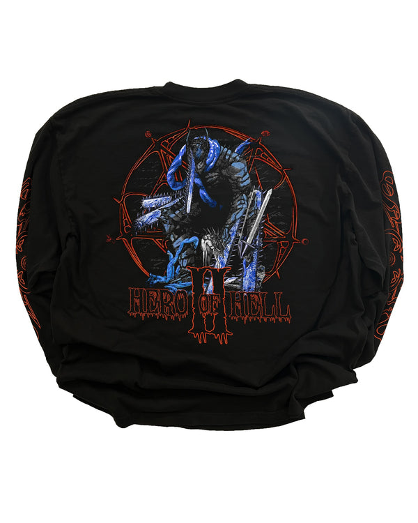 Chainsaw Man Hero Of Hell II Long Sleeve – Hand-distressed heavyweight cotton long sleeve inspired by the brutal world of Chainsaw Man. Raw design, destroyed hem, and premium craftsmanship for anime streetwear lovers. Perfect for dark anime fashion and post-apocalyptic style.
