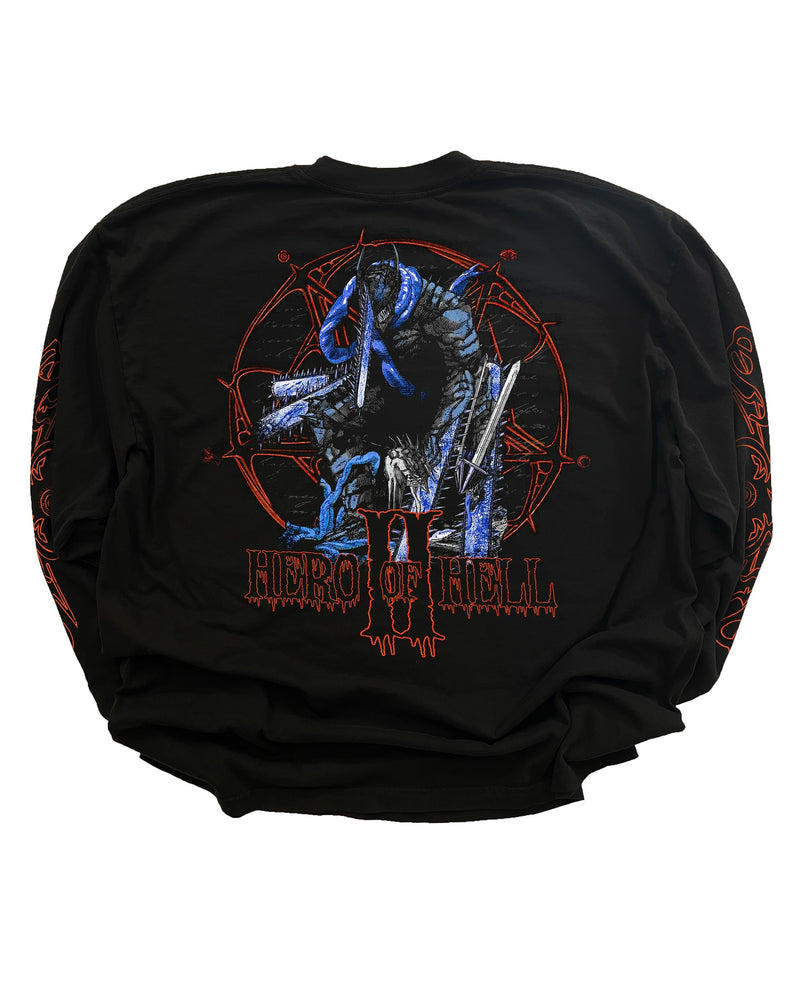 Chainsaw Man Hero Of Hell II Long Sleeve – Hand-distressed heavyweight cotton long sleeve inspired by the brutal world of Chainsaw Man. Raw design, destroyed hem, and premium craftsmanship for anime streetwear lovers. Perfect for dark anime fashion and post-apocalyptic style.
