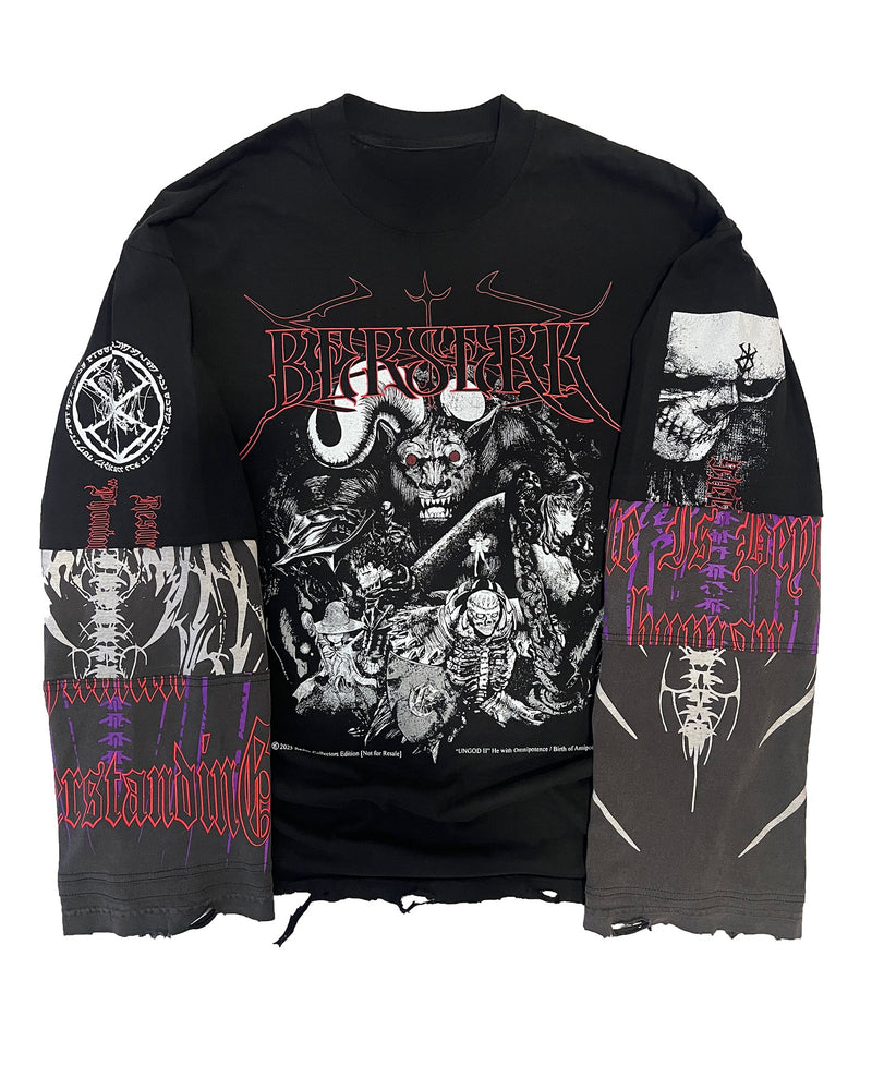 Berserk RISE OF THE UNGOD II Long Sleeve – Hand-distressed heavyweight cotton long sleeve inspired by the brutal world of Berserk. Raw design, destroyed hem, and premium craftsmanship for dark fantasy and gothic anime fashion.