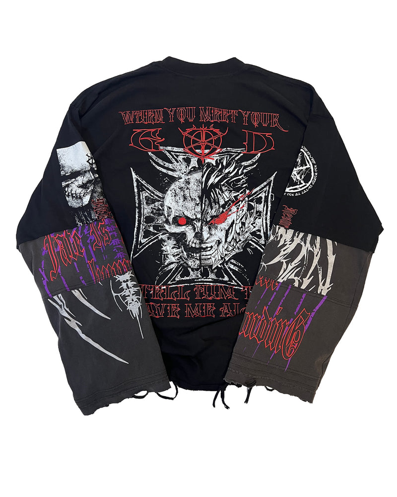 Berserk RISE OF THE UNGOD II Long Sleeve – Hand-distressed heavyweight cotton long sleeve inspired by the brutal world of Berserk. Raw design, destroyed hem, and premium craftsmanship for dark fantasy and gothic anime fashion.
