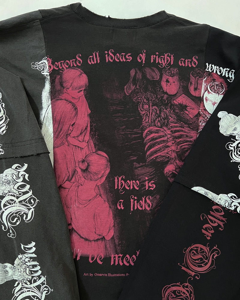 Attack on Titan YMIR Long Sleeve – Hand-distressed heavyweight cotton long sleeve with 3 split sleeves, gradient fabric, and cut-and-contrast design. Inspired by Ymir from Attack on Titan, perfect for dark anime fashion and dystopian streetwear.