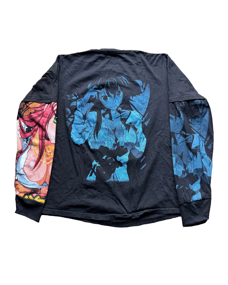 Highschool DXD GOONER Tee – Hand-distressed heavyweight cotton tee featuring 2 shirts in 1, custom sleeves and cuffs, and a Gooner Collector’s Edition design. Perfect for dark anime streetwear and rebellious aesthetics.