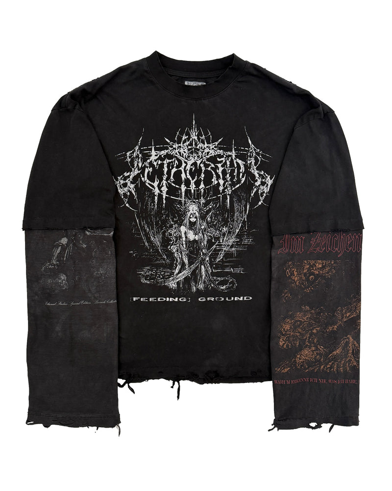 Berserk FEEDING GROUND Long Sleeve – Hand-distressed heavyweight cotton long sleeve with CUT N SEW design, reversed graphic sleeve, and faded black aesthetic. Inspired by Berserk’s dark fantasy world, perfect for anime streetwear