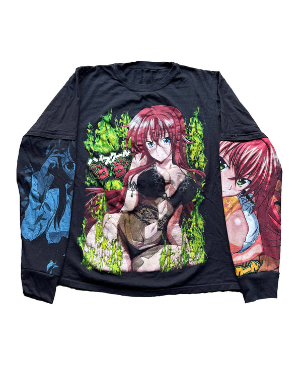 Highschool DXD GOONER Tee – Hand-distressed heavyweight cotton tee featuring 2 shirts in 1, custom sleeves and cuffs, and a Gooner Collector’s Edition design. Perfect for dark anime streetwear and rebellious aesthetics.