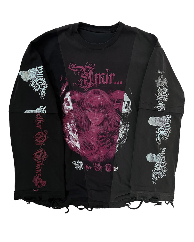 Attack on Titan YMIR Long Sleeve – Hand-distressed heavyweight cotton long sleeve with 3 split sleeves, gradient fabric, and cut-and-contrast design. Inspired by Ymir from Attack on Titan, perfect for dark anime fashion and dystopian streetwear.
