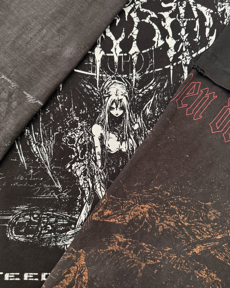 Berserk FEEDING GROUND Long Sleeve – Hand-distressed heavyweight cotton long sleeve with CUT N SEW design, reversed graphic sleeve, and faded black aesthetic. Inspired by Berserk’s dark fantasy world, perfect for anime streetwear