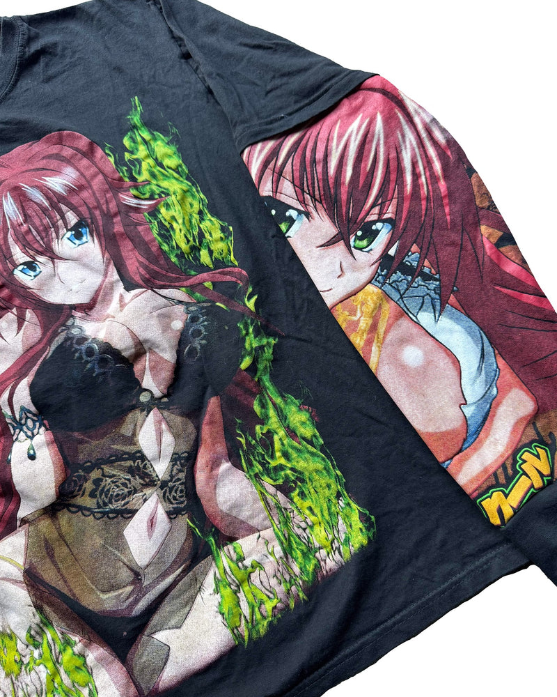 Highschool DXD GOONER Tee – Hand-distressed heavyweight cotton tee featuring 2 shirts in 1, custom sleeves and cuffs, and a Gooner Collector’s Edition design. Perfect for dark anime streetwear and rebellious aesthetics.