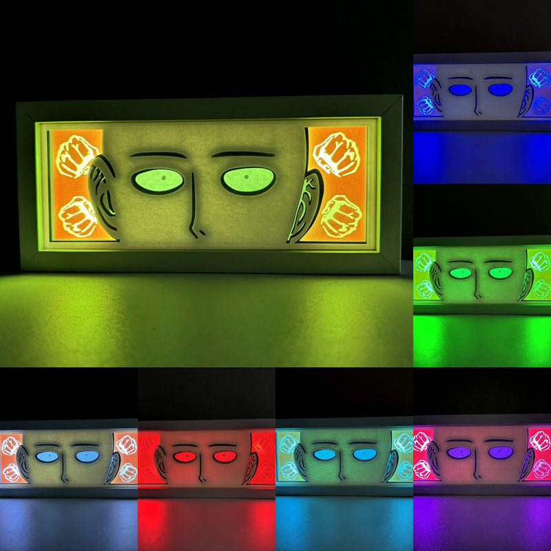 Custom One Punch Man light box with 3D paper carving and RGB LED lights featuring Saitama. Perfect for anime gifts, Christmas decor, and One Punch Man fans. Remote-controlled colors create a bold, minimalist ambiance for any space. Ideal for holidays, birthdays, or special occasions, celebrating Saitama’s unmatched strength, effortless victories, and laid-back attitude. A must-have for fans looking to honor the hero who can defeat any foe with just one punch.