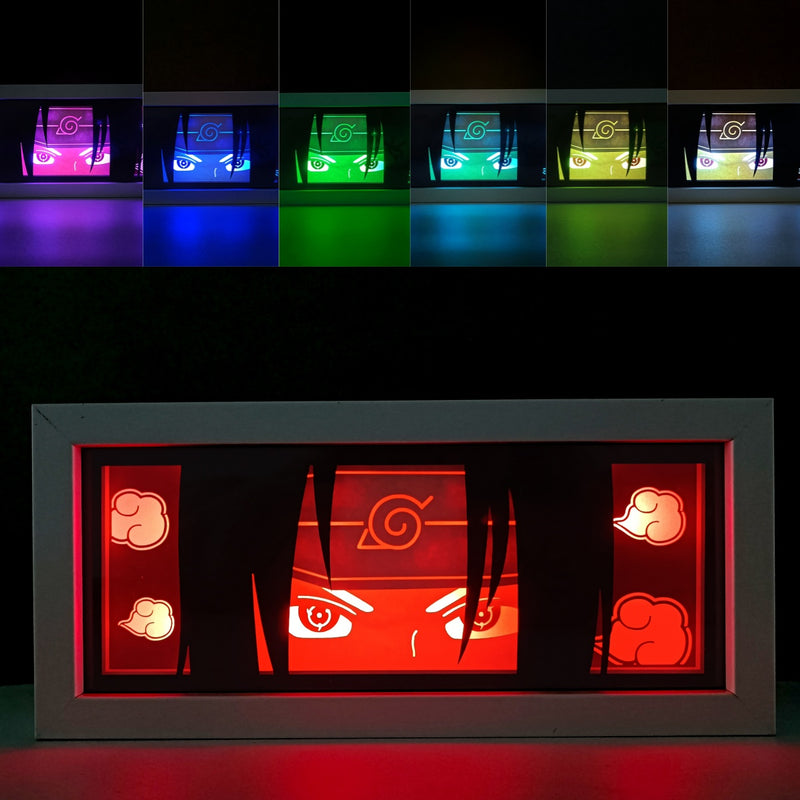 Custom Naruto light box with 3D paper carving and RGB LED lights featuring Itachi Uchiha. Perfect for anime gifts, Christmas decor, and Itachi fans. Remote-controlled colors create a mysterious, powerful ambiance for any space. Ideal for holidays, birthdays, or special occasions, celebrating Itachi’s mastery of the Mangekyō Sharingan and his complex, tragic story. A must-have for Naruto fans looking to honor the legacy of the Uchiha clan with this iconic character.