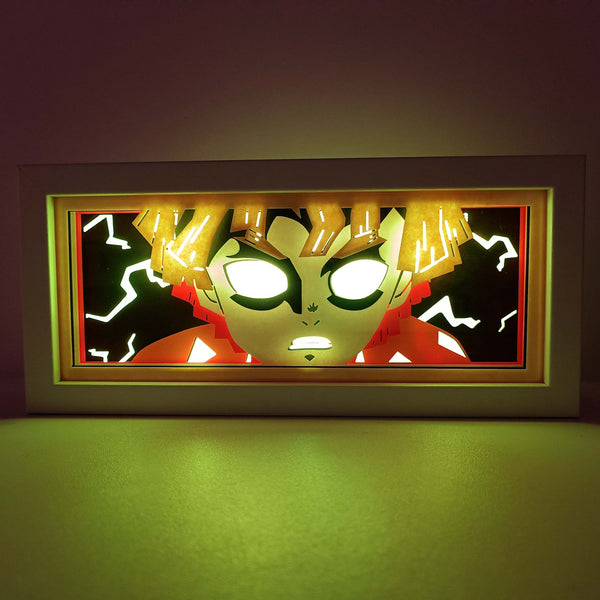 Custom Demon Slayer anime light box with 3D paper carving and RGB LED lights featuring Tanjiro and Nezuko. Perfect for anime gifts, Christmas decorations, and decor for fans and collectors. Remote-controlled colors create a vibrant, action-packed ambiance for bedrooms, desks, or anime-themed spaces. This handmade piece is an ideal gift for holidays or birthdays, designed for lovers of intense battles and stunning anime decor. A must-have for Demon Slayer fans looking to enhance their collection.