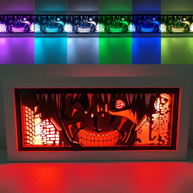 Custom Tokyo Ghoul light box with 3D paper carving and RGB LED lights featuring Ken Kaneki. Perfect for anime gifts, Christmas decor, and Tokyo Ghoul fans. Remote-controlled colors create a dark, intense ambiance for any space. Ideal for holidays, birthdays, or special occasions, celebrating Kaneki’s transformation, his struggle between human and ghoul, and his iconic mask. A must-have for Tokyo Ghoul fans looking to showcase the thrilling, haunting world of ghouls.