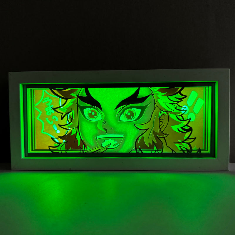 Custom Demon Slayer anime light box with 3D paper carving and RGB LED lights featuring Tanjiro and Nezuko. Perfect for anime gifts, Christmas decorations, and decor for fans and collectors. Remote-controlled colors create a vibrant, action-packed ambiance for bedrooms, desks, or anime-themed spaces. This handmade piece is an ideal gift for holidays or birthdays, designed for lovers of intense battles and stunning anime decor. A must-have for Demon Slayer fans looking to enhance their collection.