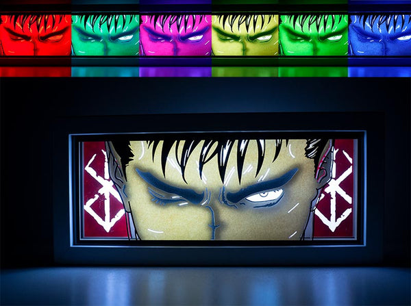 Berserk anime light box featuring Guts in dark, powerful 3D paper carving with LED RGB lights. Handcrafted for fans of this dark fantasy, the light box offers remote color control and flickering tealight effects, perfect for adding a brooding, gothic touch to your bedroom, desk, or home decor