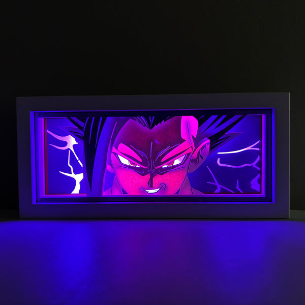 Custom Dragon Ball Z light box with 3D paper carving and RGB LED lights featuring Goku in his iconic Super Saiyan form. Perfect for anime gifts, Christmas decor, and Goku fans. Remote-controlled colors create a powerful, dynamic ambiance for any space. Ideal gift for holidays or birthdays, celebrating Goku’s epic battles and transformations. A must-have for Dragon Ball Z fans.
