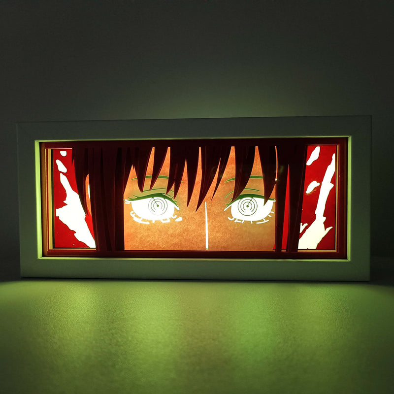 hainsaw Man anime light box with 3D paper carving and LED RGB lights, featuring Denji and Pochita. This custom handmade light box brings the intense action of Chainsaw Man to life with remote-controlled colors. Perfect for adding a gritty, rebellious touch to your bedroom, desk, or anime-themed decor